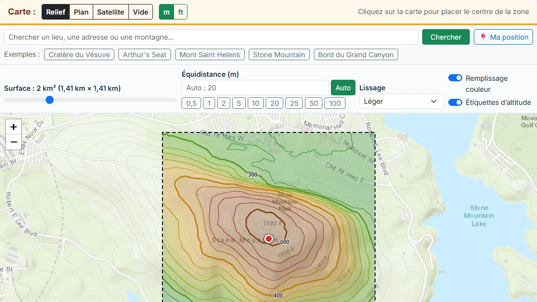 Choisir le lieu : cliquer sur la carte, chercher ou prendre un exemple