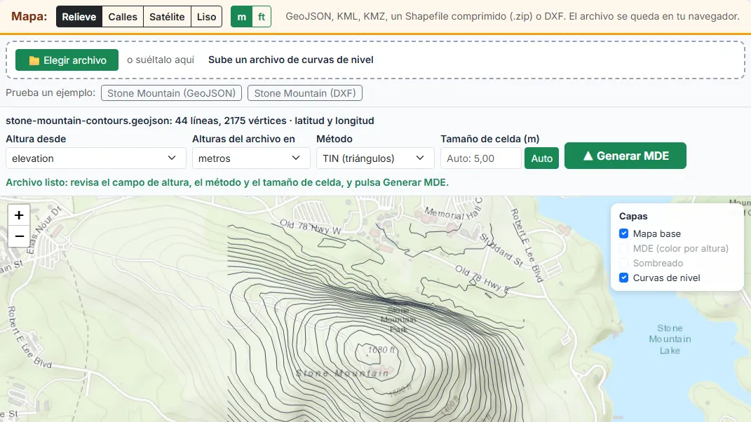 Sube tu archivo de curvas de nivel o prueba un ejemplo