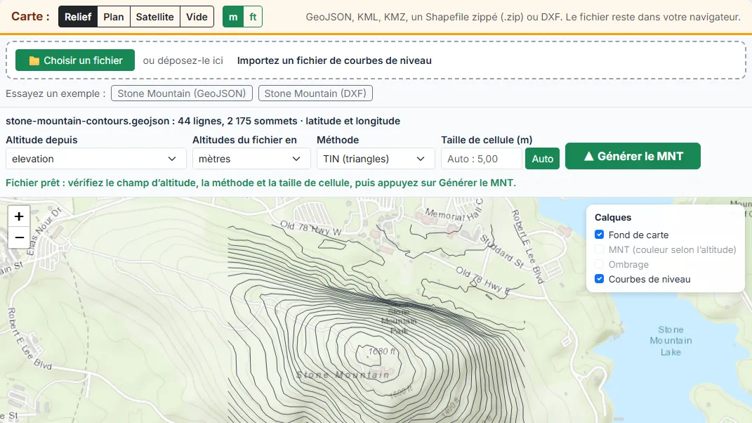 Importez votre fichier de courbes de niveau ou essayez un exemple