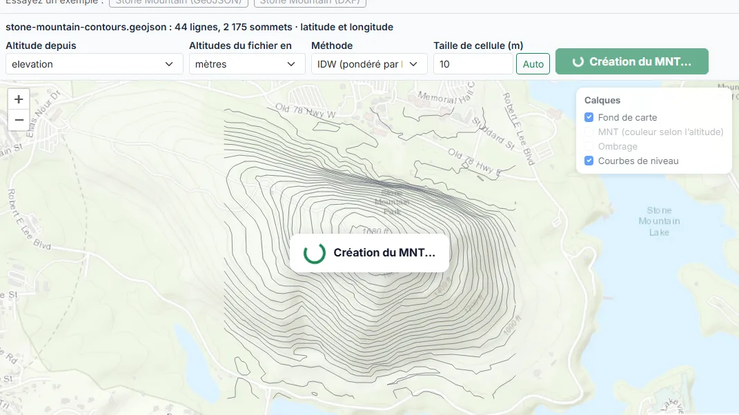 Choisissez la méthode et la taille de cellule, puis appuyez sur Générer le MNT