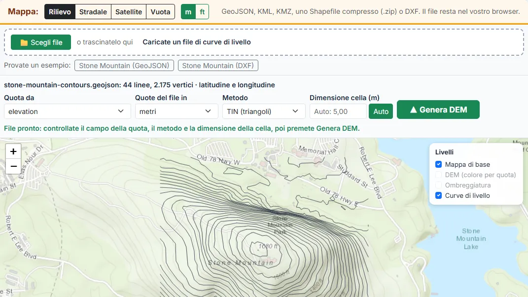 Caricate il vostro file di curve di livello o provate un esempio