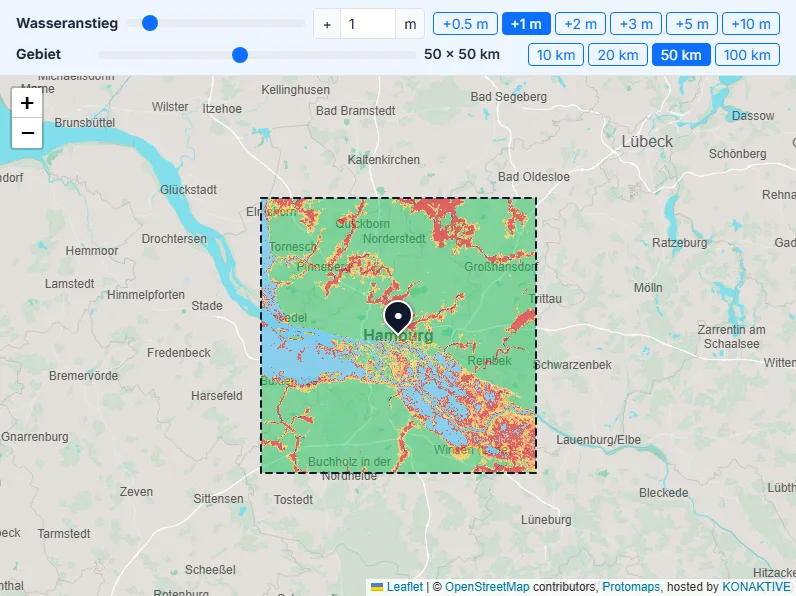 Wasseranstieg und Gebiet wählen