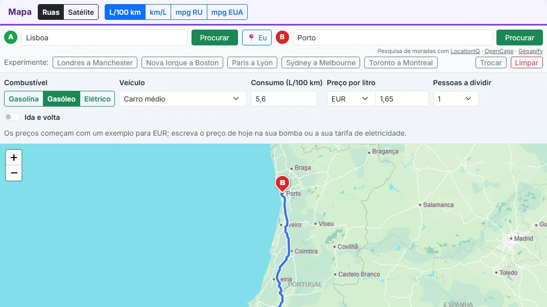 Escolha as unidades e o combustível