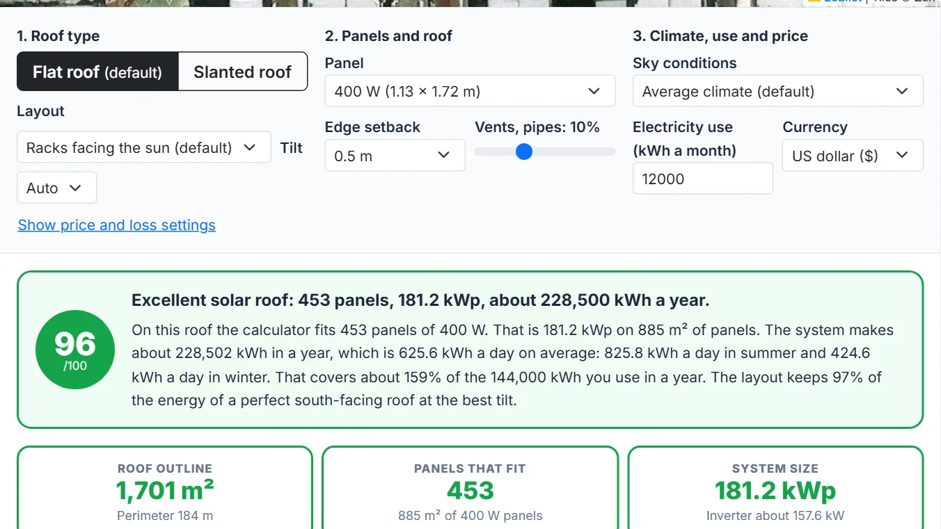 Compare a tilted roof and a flat roof, then set your numbers