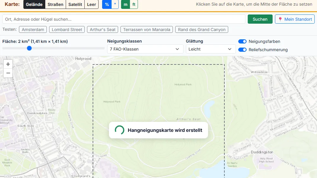 Stellen Sie Fläche, Neigungsklassen und Glättung ein