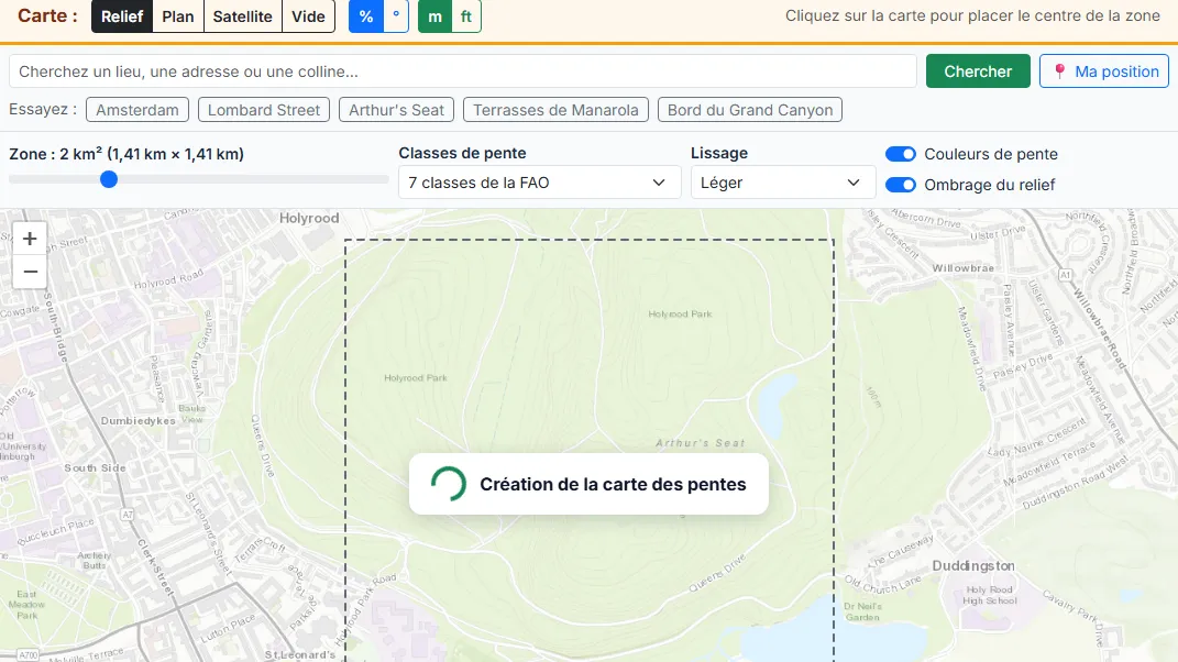 Réglez la zone, les classes de pente et le lissage