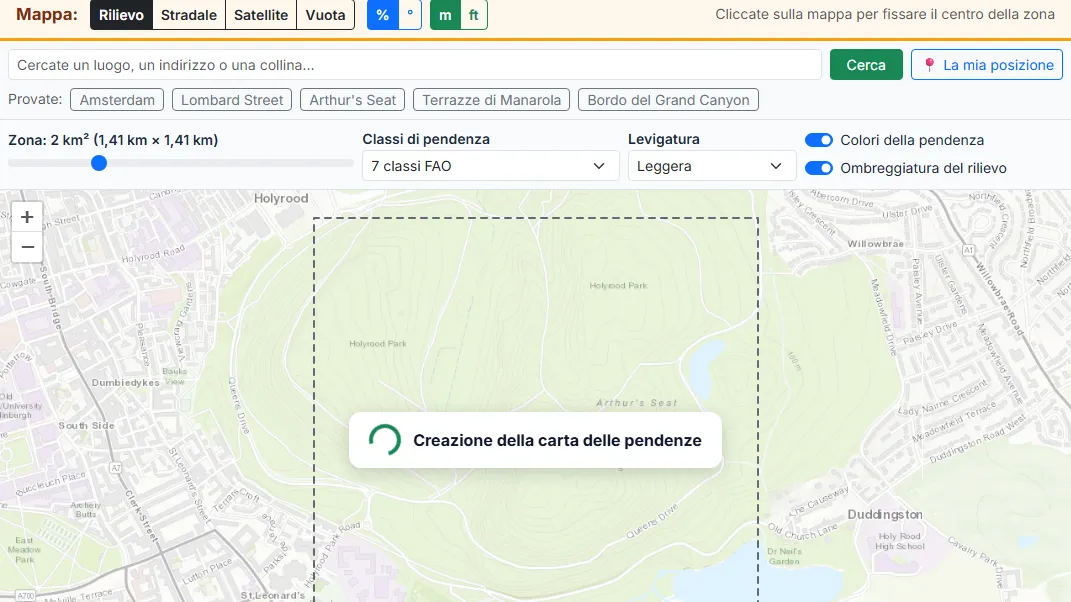Impostate la zona, le classi di pendenza e la levigatura