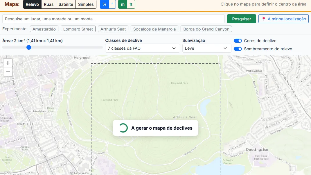 Defina a área, as classes de declive e a suavização