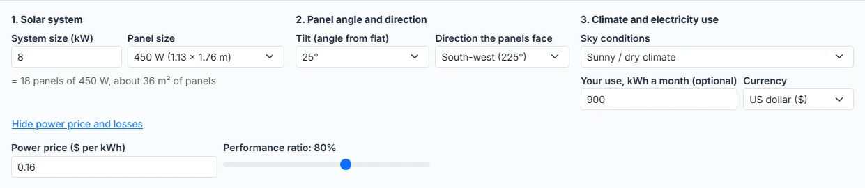 Set the sky conditions, your electricity use and the power price