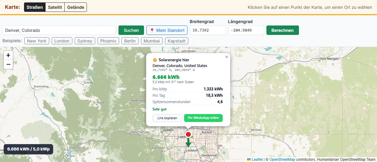 Ort wählen: auf die Karte klicken, eine Adresse suchen oder eine Postleitzahl eingeben
