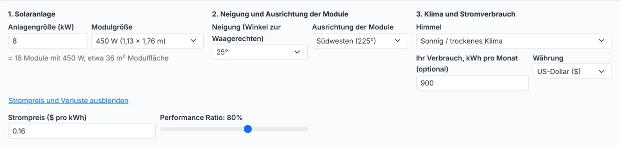 Himmel, Stromverbrauch und Strompreis einstellen
