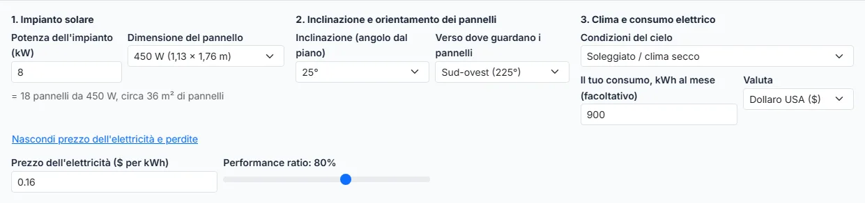 Imposta il cielo, il tuo consumo elettrico e il prezzo dell'elettricità