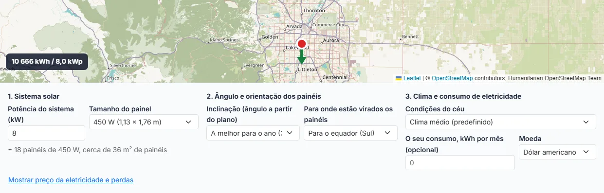 Defina a potência do sistema solar e o painel