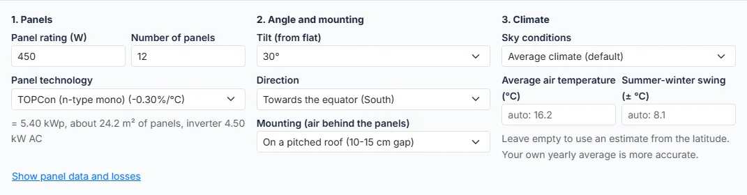 Set the tilt, the direction and the mounting