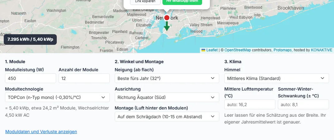 Modulleistung, Anzahl der Module und Technologie eingeben