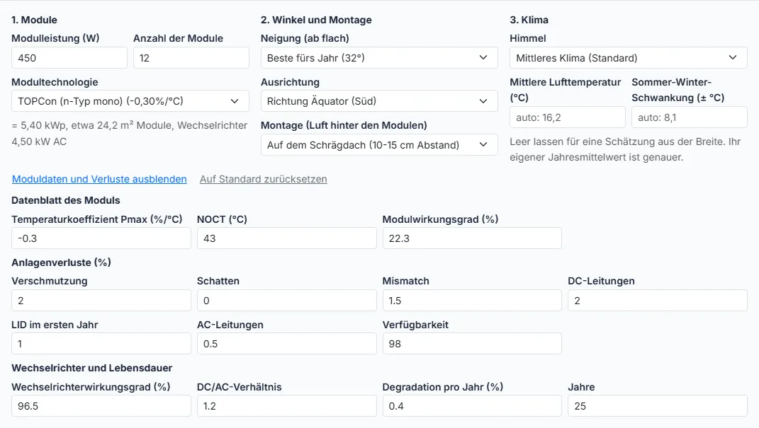Klima einstellen und bei Bedarf Moduldaten und Verluste öffnen