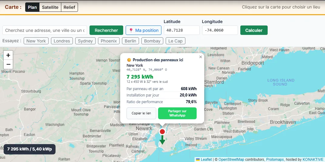 Choisir le lieu : cliquer sur la carte, chercher une adresse ou saisir des coordonnées