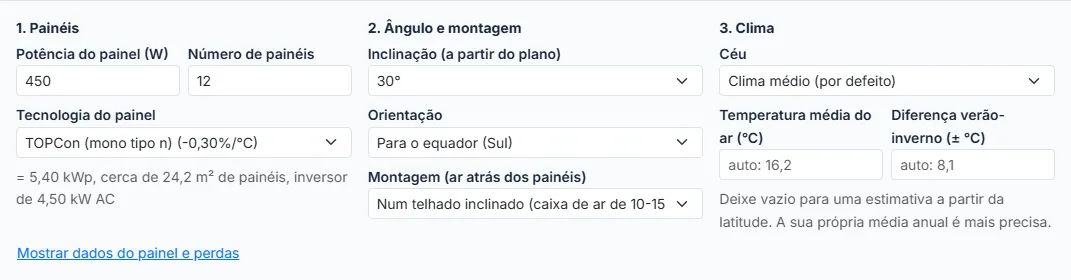 Defina a inclinação, a orientação e a montagem