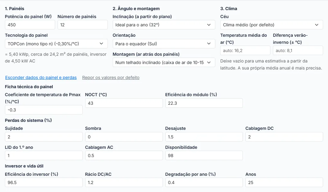 Defina o clima e, se quiser, abra os dados do painel e as perdas