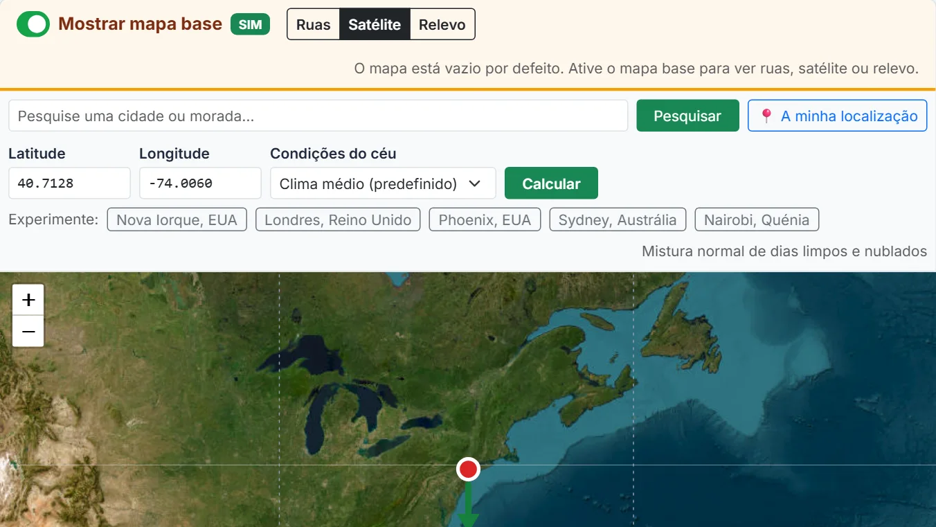Escolha a sua localização e as condições do céu