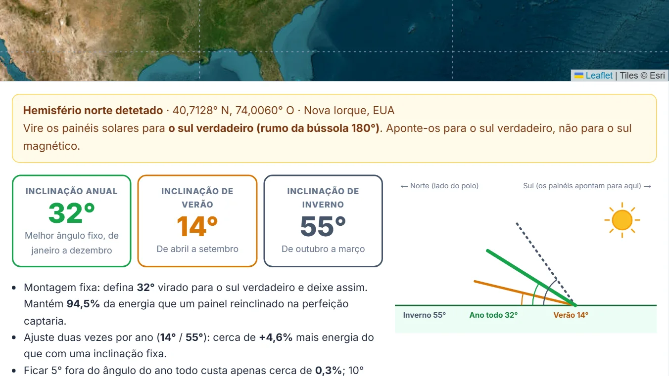 Confirme o hemisfério detetado e a orientação do painel